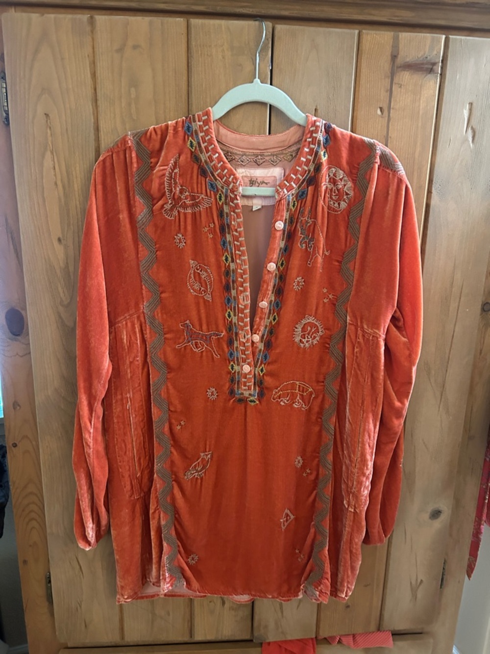 Johnny Was Orange/Rust Color Embroidered Velvet Tunic